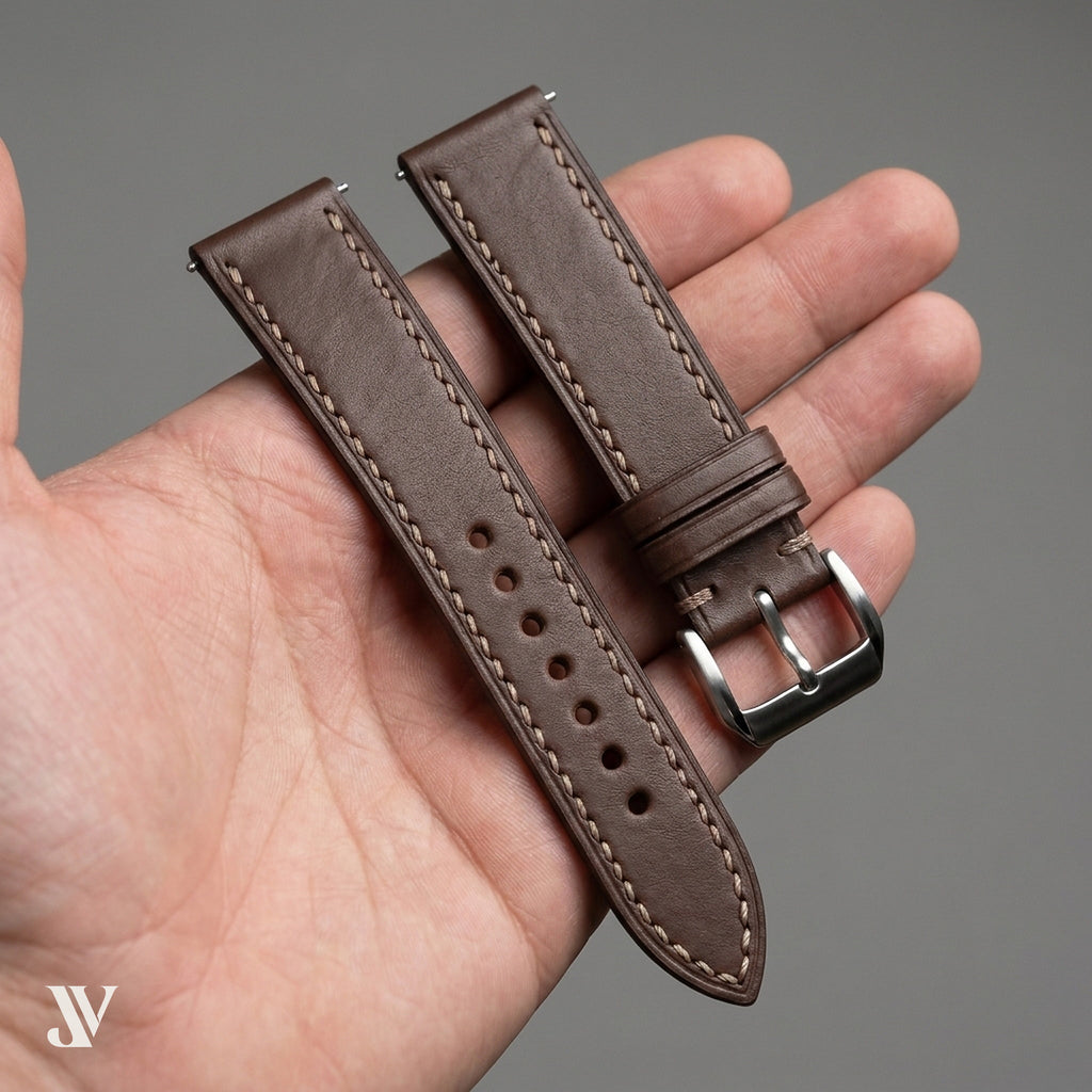 Dark Brown Waxed Cowhide Leather Watch Strap — shown on watch