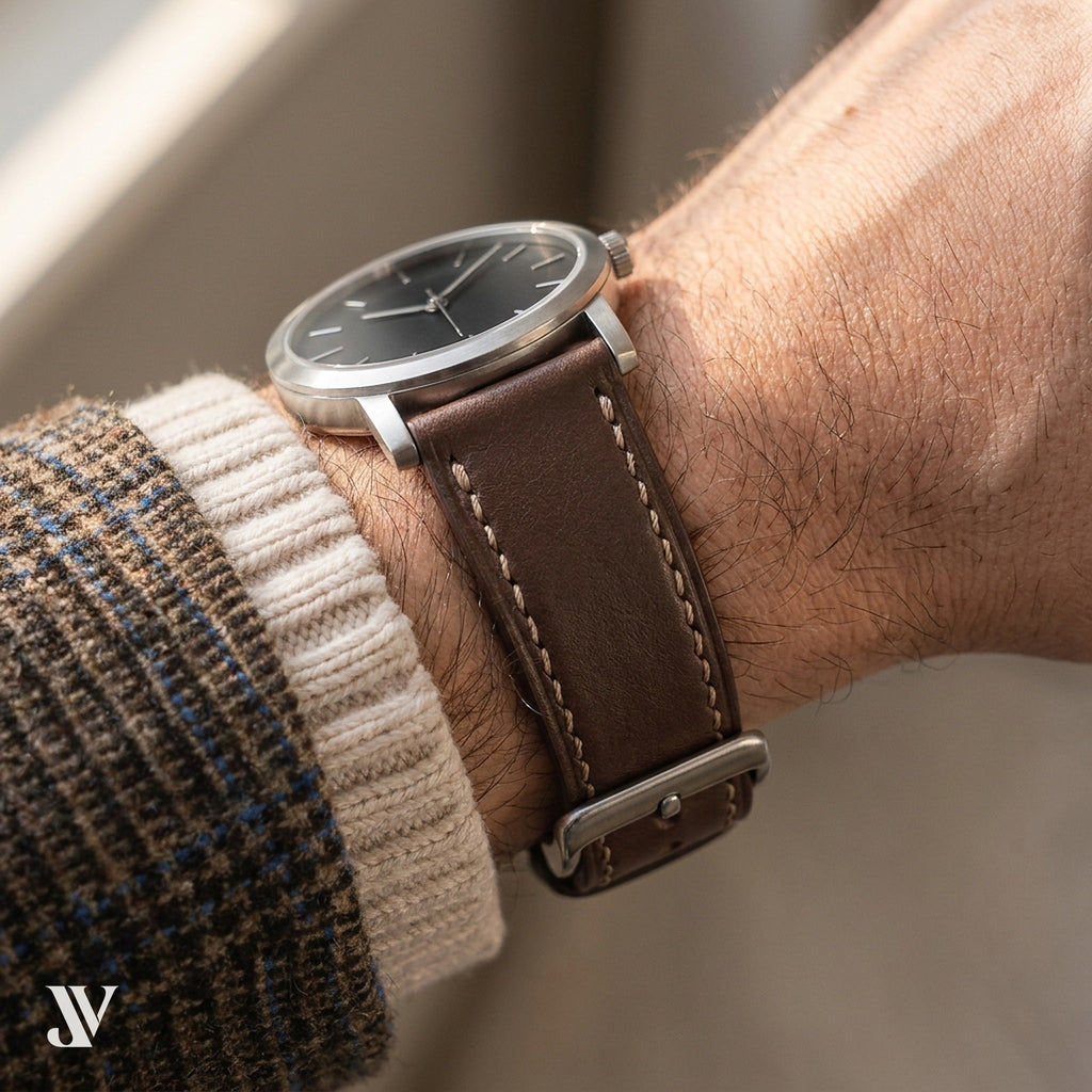 Dark Brown Waxed Cowhide Leather Watch Strap — shown on watch