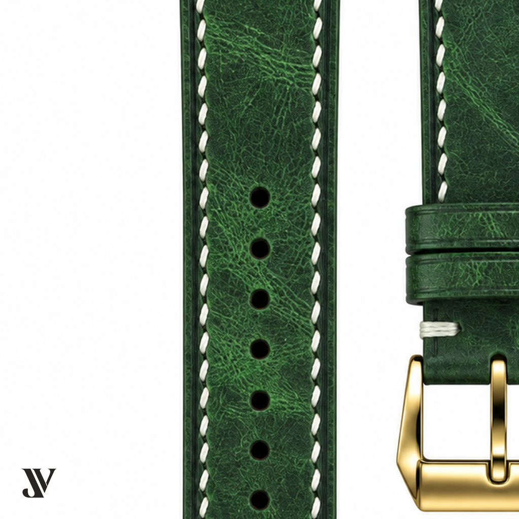 Dark Green Waxed Cowhide Leather Watch Strap — stitching detail