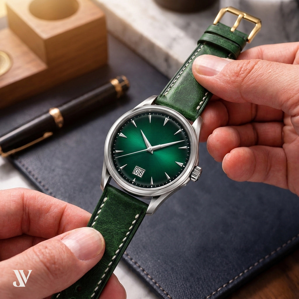 Dark Green Waxed Cowhide Leather Watch Strap — shown on watch