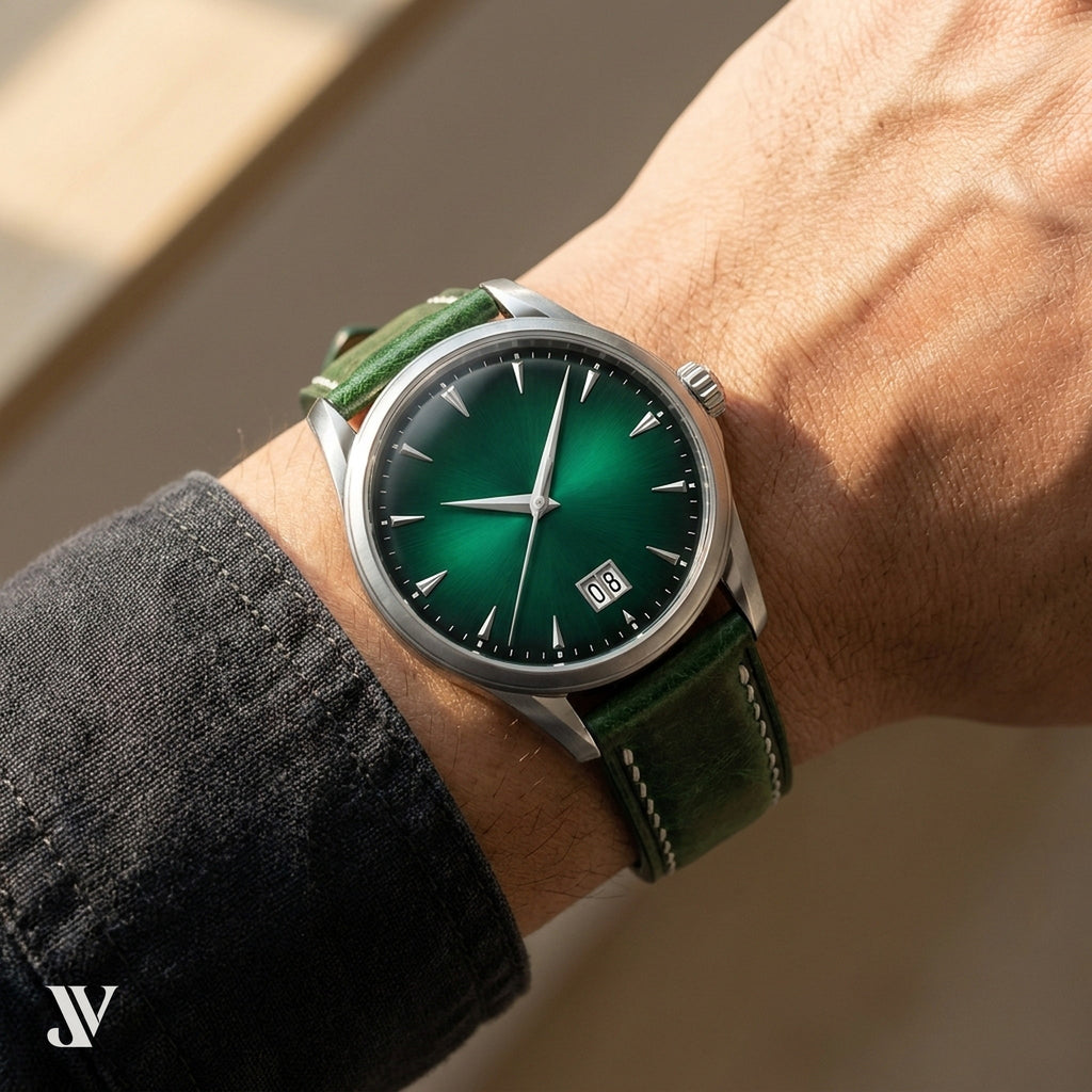 Dark Green Waxed Cowhide Leather Watch Strap — shown on watch