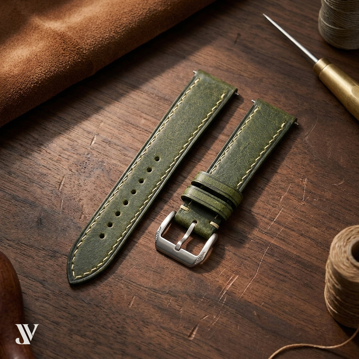 Olive Waxed Cowhide Leather Watch Strap — styled scene