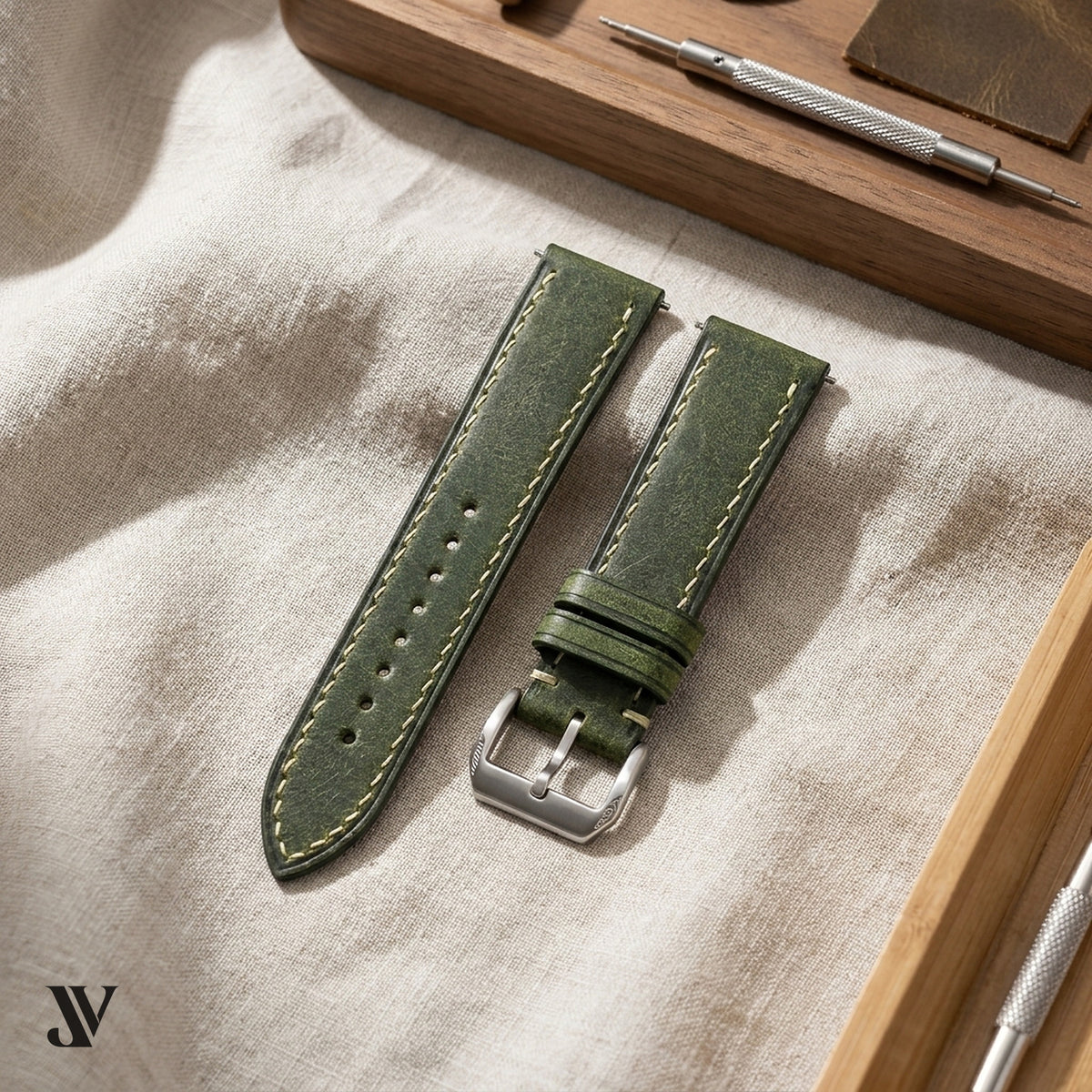 Olive Waxed Cowhide Leather Watch Strap — styled scene