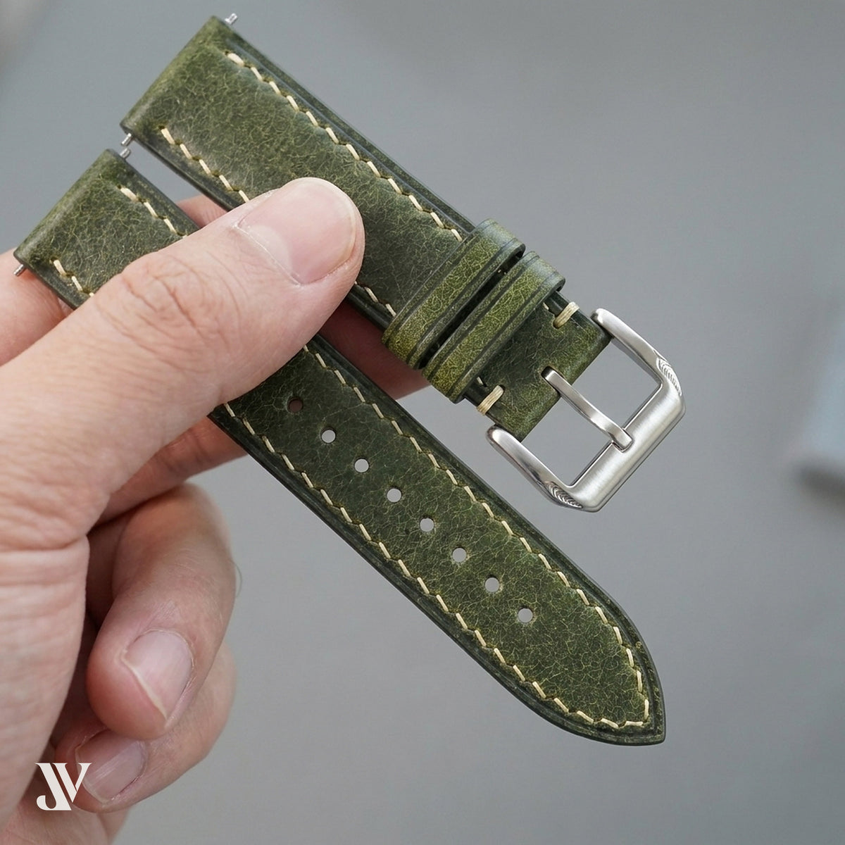 Olive Waxed Cowhide Leather Watch Strap — shown on watch