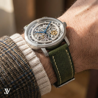 Olive Waxed Cowhide Leather Watch Strap — shown on watch
