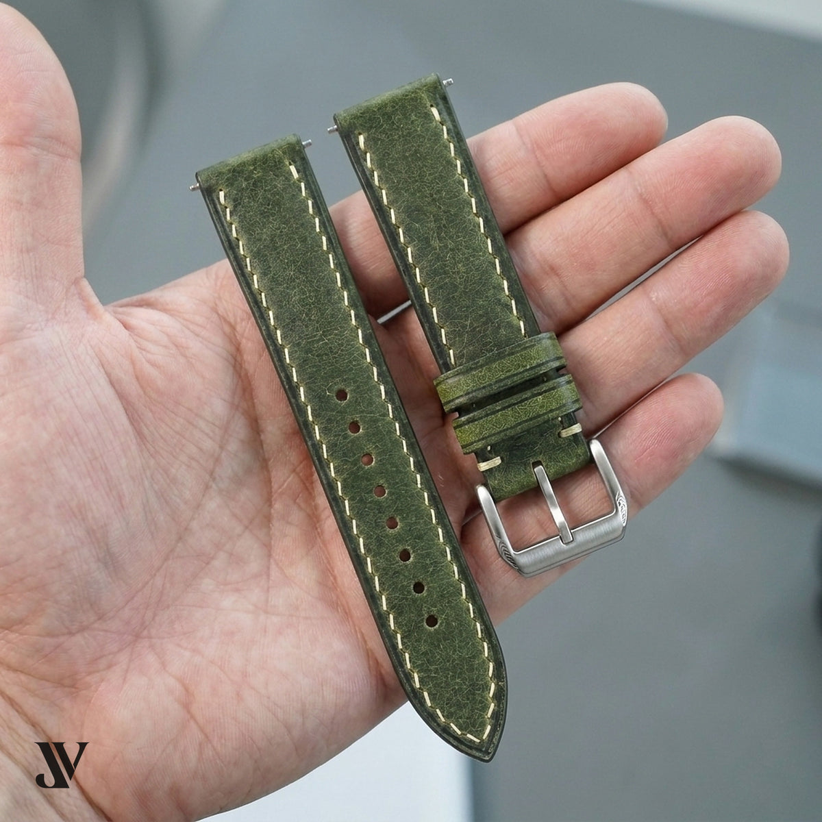 Olive Waxed Cowhide Leather Watch Strap — shown on watch