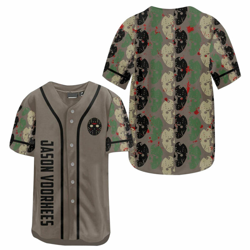 Friday the 13th Baseball Jersey Mask Pattern Jason Voorhees Jersey Shirt Gray Green Unisex Adult New Release