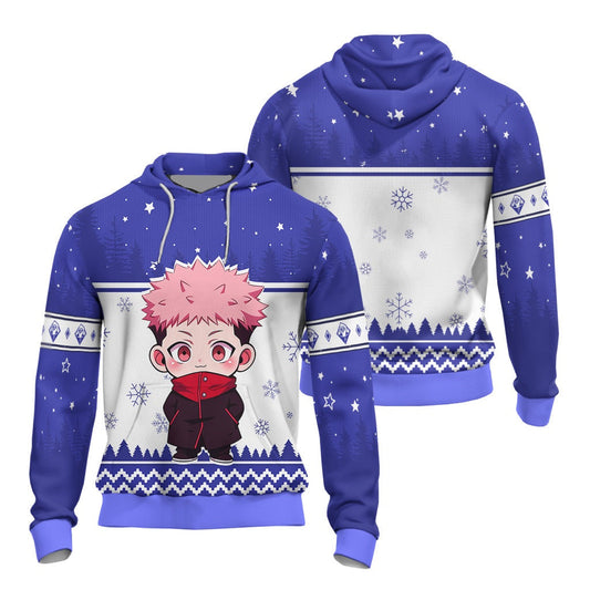 Jujutsu Kaisen Hoodie Jujutsu Kaisen Itadori Yuji Christmas Pattern Hoodie Blue White Unisex - Cozy Hoodie For Cold Weather