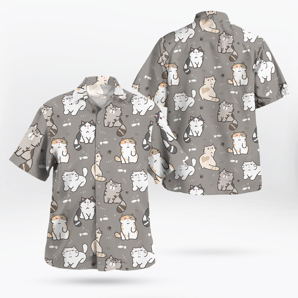 Kawaii Cat Pattern Button Up Gray Hawaiian Shirt - Tropi Hawaiian Shirts
