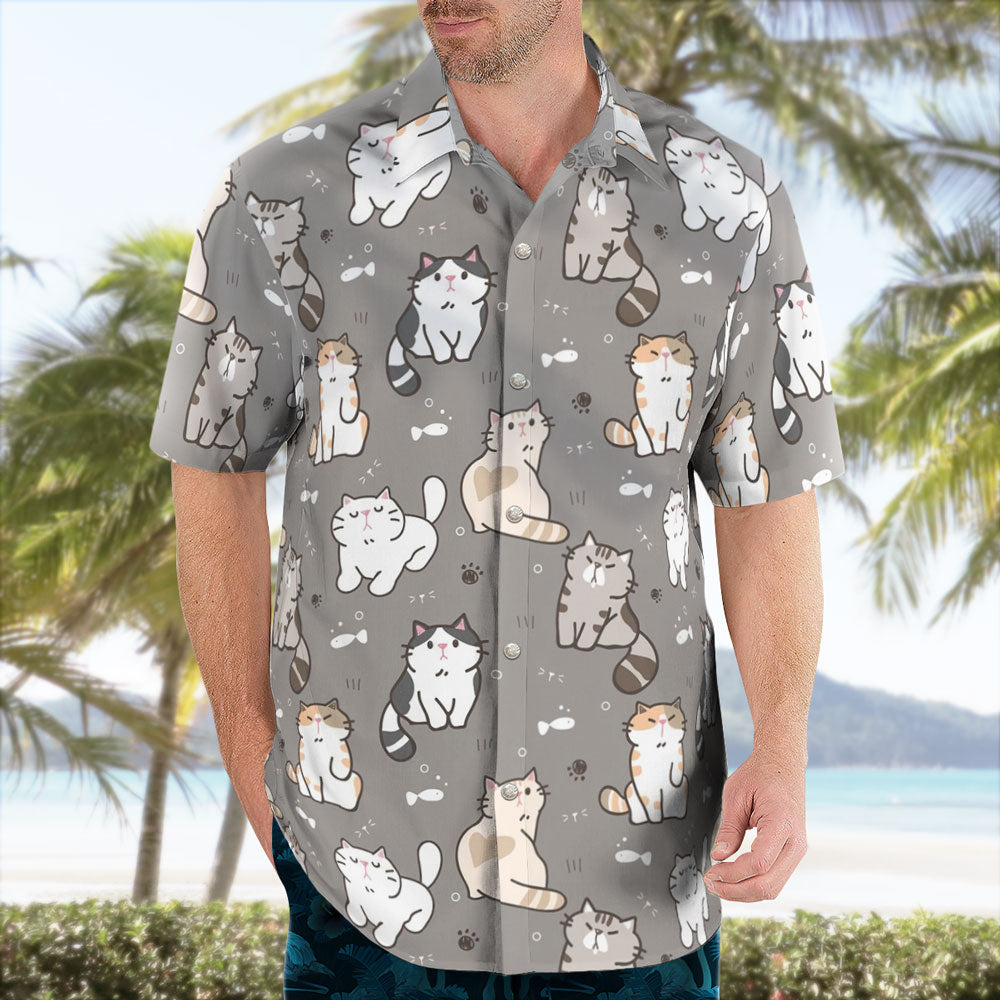 Kawaii Cat Pattern Button Up Gray Hawaiian Shirt - Tropi Hawaiian Shirts