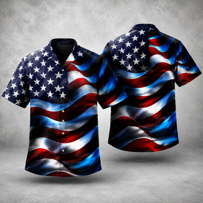 American Flag Hawaiian Shirt Patriotic USA Button Up 4th July Gift