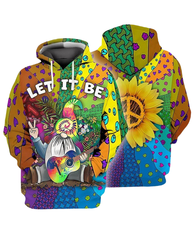 Gnome Hoodie Hippie Gnome With Guitar Let It Be Hoodie Colorful Unisex - Cozy Hoodie For Cold Weather