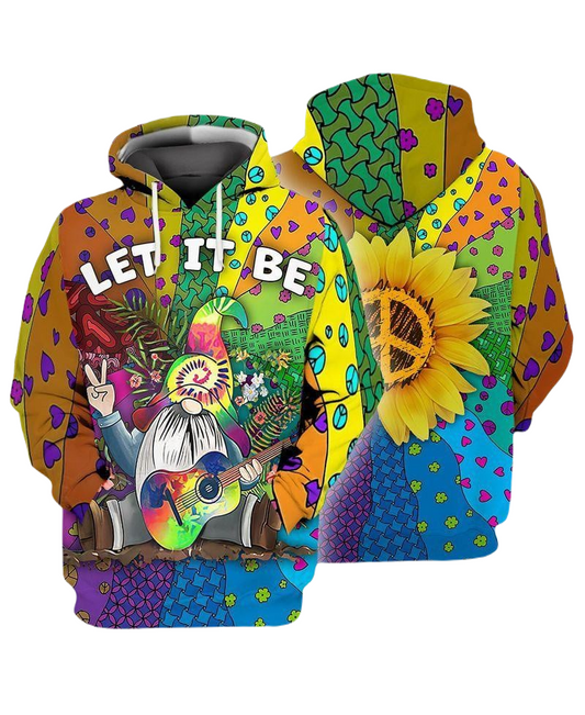 Gnome Hoodie Hippie Gnome With Guitar Let It Be Hoodie Colorful Unisex - Cozy Hoodie For Cold Weather