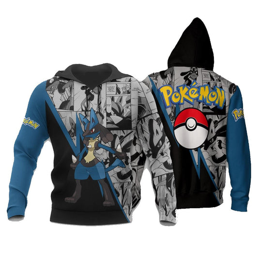 Pokemon Hoodie Lucario Graphic Manga Style Hoodie Black Blue Unisex - Cozy Hoodie For Cold Weather