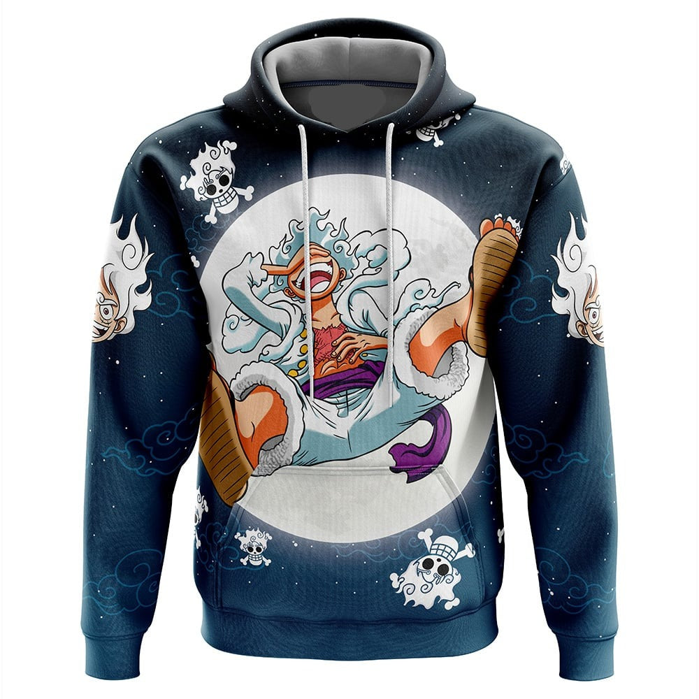 One Piece Hoodie Luffy Gear 5 Nika God Pattern Hoodie Blue Unisex