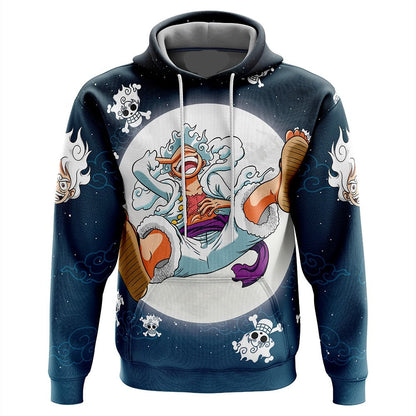 One Piece Hoodie Luffy Gear 5 Nika God Pattern Hoodie Blue Unisex