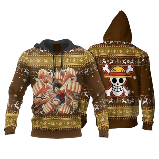 One Piece Hoodie Luffy Gomu Gomu Pirate Jolly Roger Hoodie Brown Unisex - Cozy Hoodie For Cold Weather