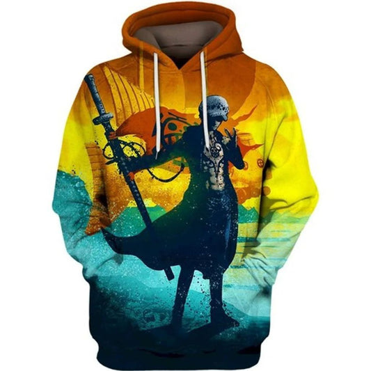 One Piece Hoodie Trafalgar D Water Law On The Sea Graphic Hoodie Yellow Blue Unisex - Cozy Hoodie For Cold Weather