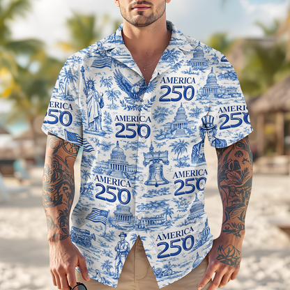America 250th Anniversary Toile De Jouy Style - Hawaiian Shirt - Gift for Dad, Husband, Grandpa HN02