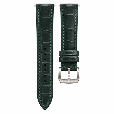 Dark Green Alligator Leather Watch Strap with Green Stitch