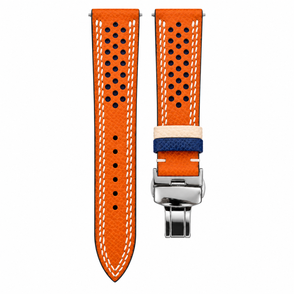 Orange Blue Epsom Rally Leather Watch Strap with Butterfly Clasp — original product photo