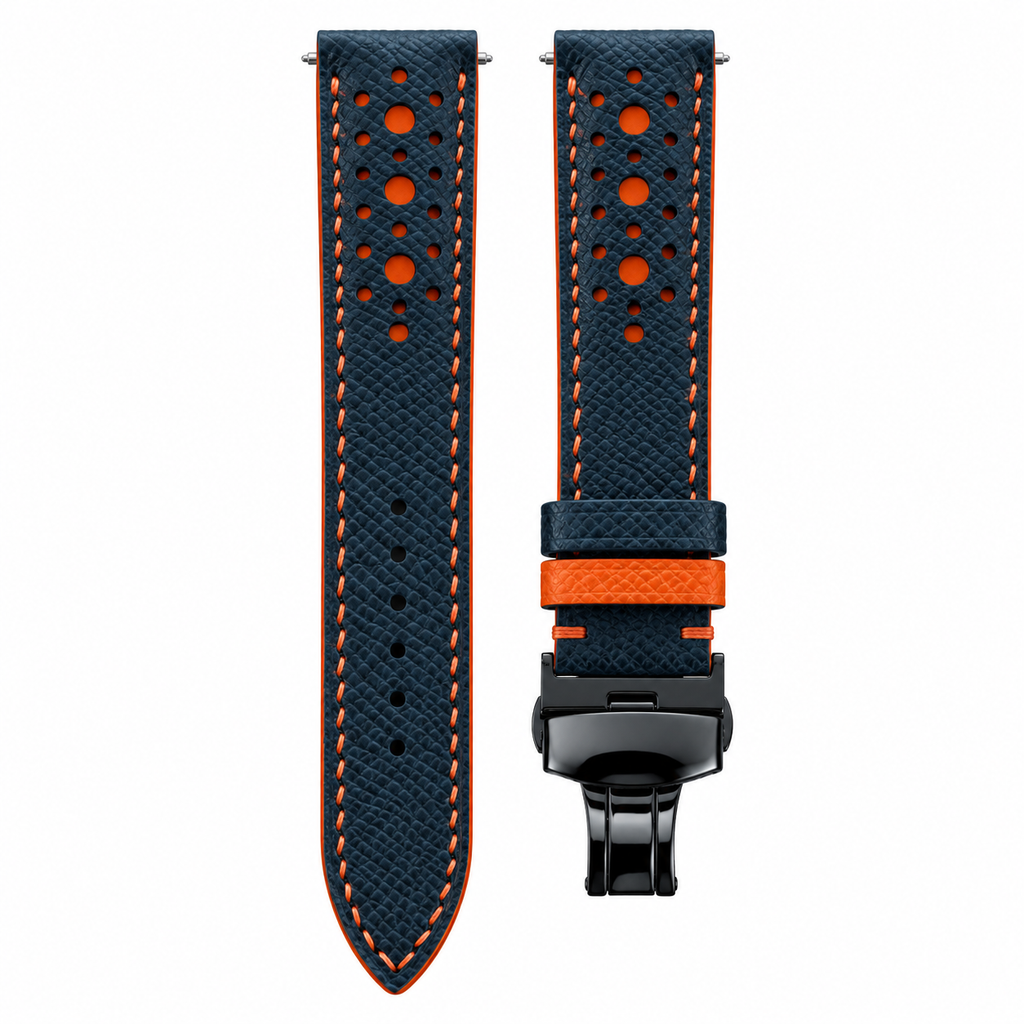 Navy Blue Orange Epsom Rally Leather Watch Strap — original product photo