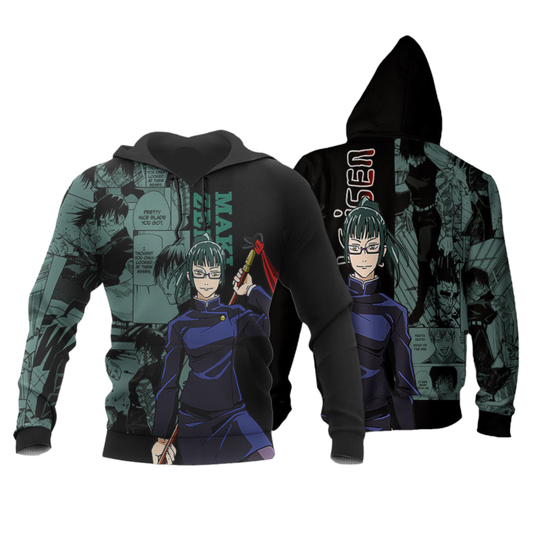 Jujutsu Kaisen Hoodie Maki Zenin Character Manga Pattern Hoodie Black Green Unisex - Cozy Hoodie For Cold Weather