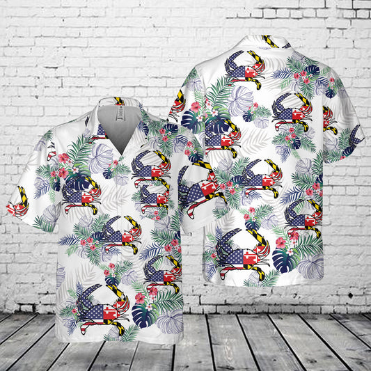 Maryland & US Flag Crab Pocket Hawaiian Shirt