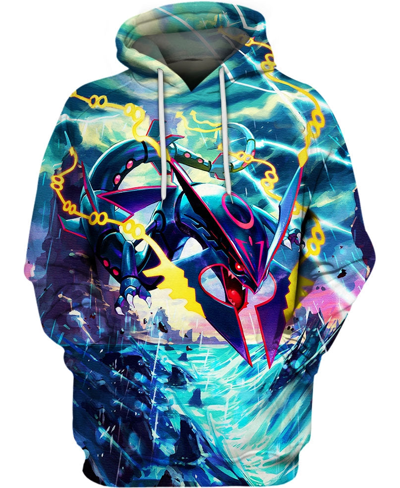 Pokemon Hoodie Pokemon Mega Rayquaza Storm Graphic Hoodie Blue Unisex - Cozy Hoodie For Cold Weather