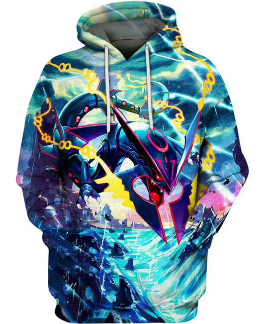 Pokemon Hoodie Pokemon Mega Rayquaza Storm Graphic Hoodie Blue Unisex - Cozy Hoodie For Cold Weather