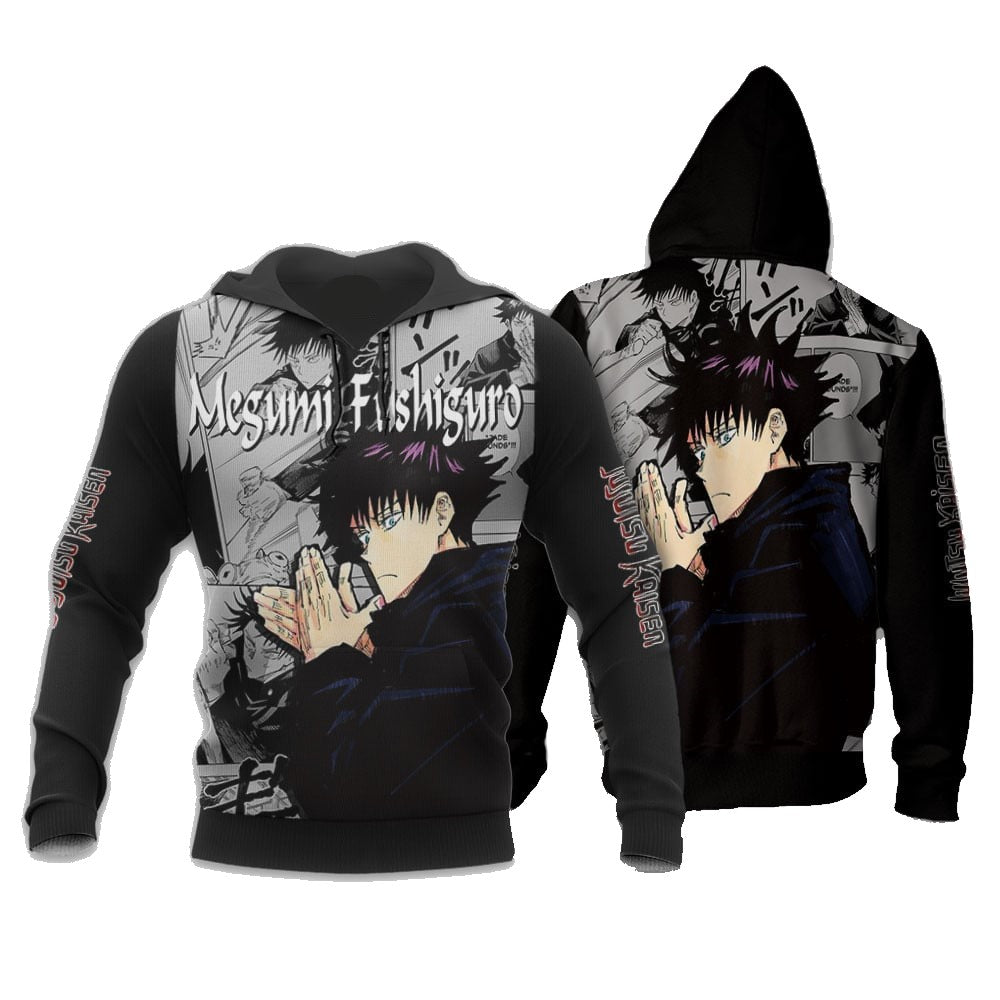 Jujutsu Kaisen Hoodie Megumi Fushiguro Graphic Manga Style Hoodie Black White Unisex - Cozy Hoodie For Cold Weather