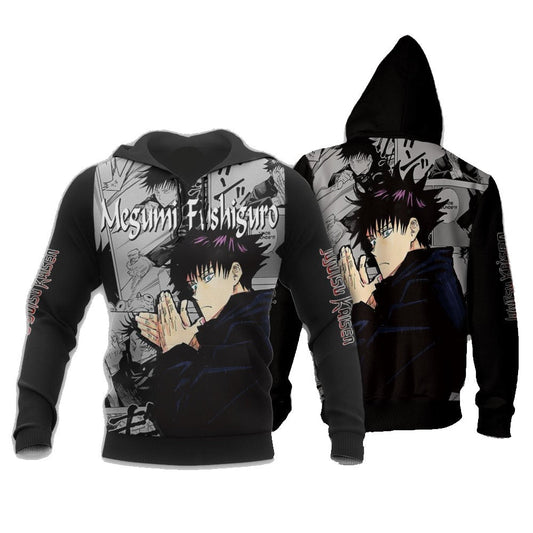 Jujutsu Kaisen Hoodie Megumi Fushiguro Graphic Manga Style Hoodie Black White Unisex - Cozy Hoodie For Cold Weather