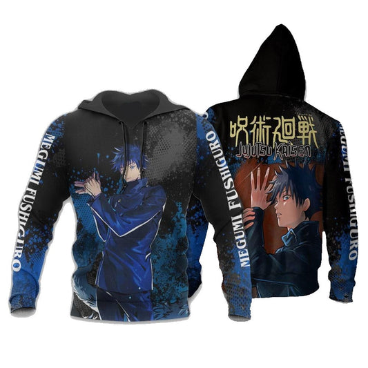 Jujutsu Kaisen Hoodie Megumi Fushiguro Fighting Pose Hoodie Black Blue Unisex - Cozy Hoodie For Cold Weather