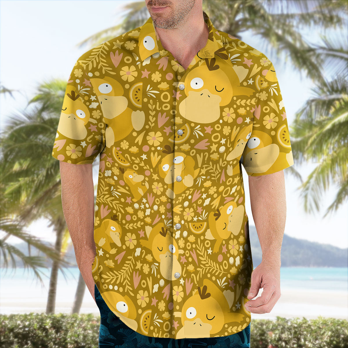 Mustard Yellow Psyduck Floral Pokémon Hawaiian Shirt