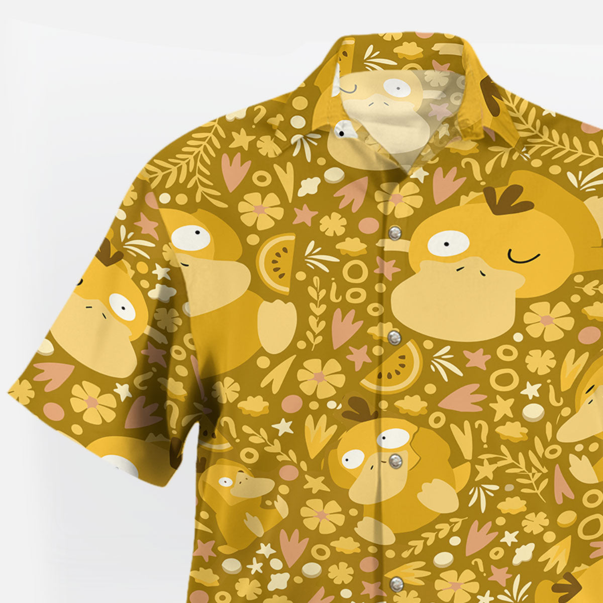 Mustard Yellow Psyduck Floral Pokémon Hawaiian Shirt
