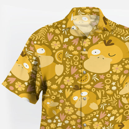 Mustard Yellow Psyduck Floral Pokémon Hawaiian Shirt