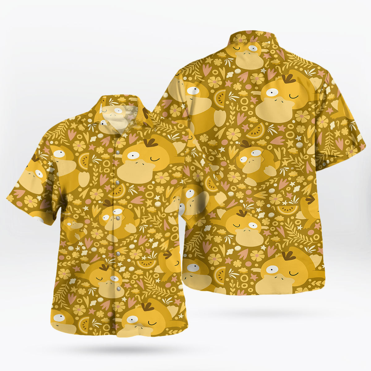 Mustard Yellow Psyduck Floral Pokémon Hawaiian Shirt