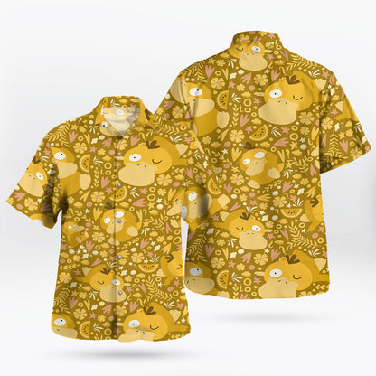 Mustard Yellow Psyduck Floral Pokémon Hawaiian Shirt