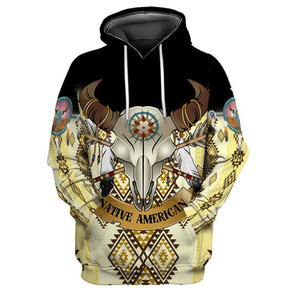 Native American Hoodie Native American Bull Skull Tribal Pattern Hoodie Black Yellow Unisex - Cozy Hoodie For Cold Weather