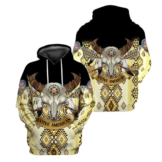 Native American Hoodie Native American Bull Skull Tribal Pattern Hoodie Black Yellow Unisex - Cozy Hoodie For Cold Weather