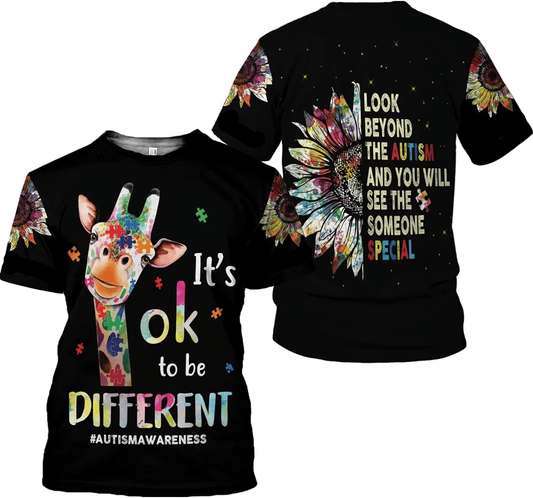 Autism T-Shirt It'S Okay To Be Different Giraffe Graphic T-Shirt Black Unisex - Trendy Gift For Men & Women