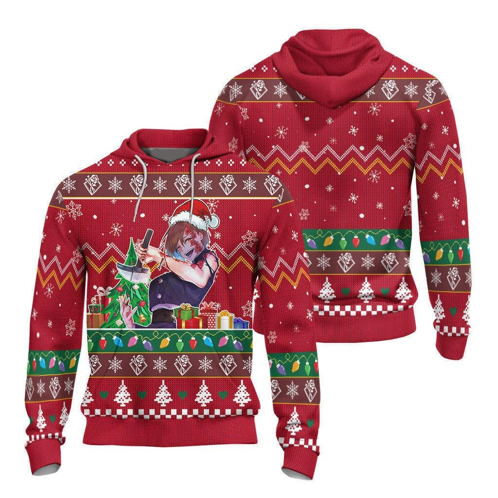 Jujutsu Kaisen Hoodie Nobara Fighting Christmas Pattern Hoodie Red Unisex - Cozy Hoodie For Cold Weather