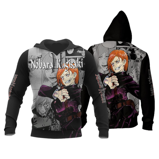 Jujutsu Kaisen Hoodie Nobara Kugisaki Jujutsu Kaisen Character Manga Pattern Hoodie Black Unisex - Cozy Hoodie For Cold Weather