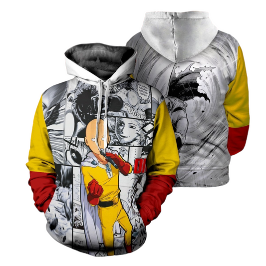One Punch Man Hoodie Saitama Singing Manga Pattern Hoodie White Unisex - Cozy Hoodie For Cold Weather