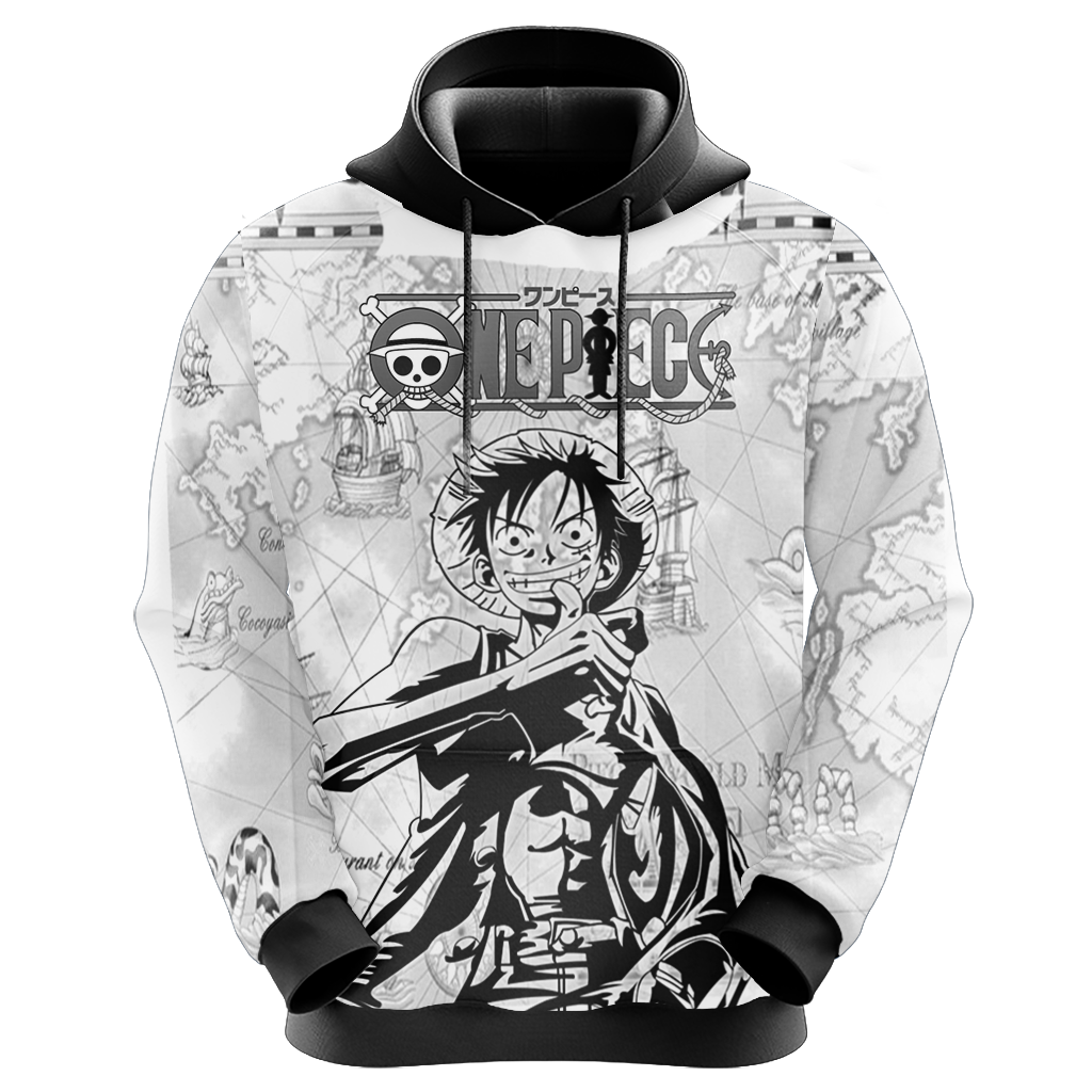 One Piece Hoodie Captain Luffy World Map Hoodie Black White Unisex - Cozy Hoodie For Cold Weather