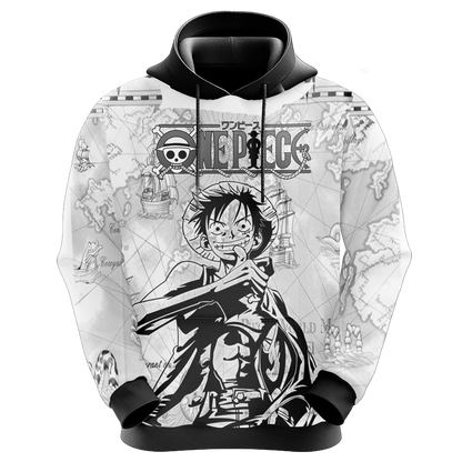 One Piece Hoodie Captain Luffy World Map Hoodie Black White Unisex - Cozy Hoodie For Cold Weather