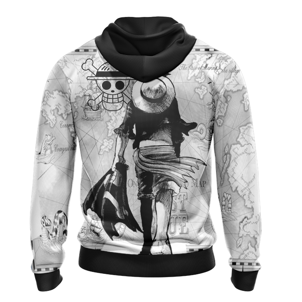One Piece Hoodie Captain Luffy World Map Hoodie Black White Unisex - Cozy Hoodie For Cold Weather