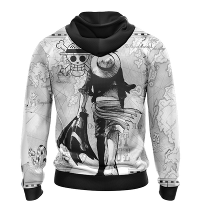 One Piece Hoodie Captain Luffy World Map Hoodie Black White Unisex - Cozy Hoodie For Cold Weather