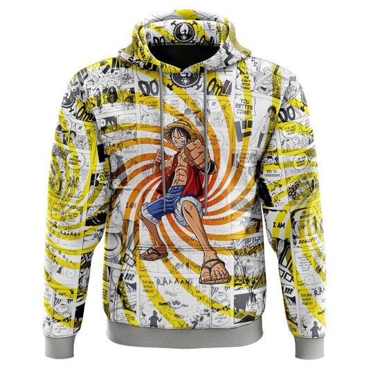 One Piece Hoodie One Piece Blazing Force Luffy Comic Pattern Hoodie White Yellow Unisex - Cozy Hoodie For Cold Weather