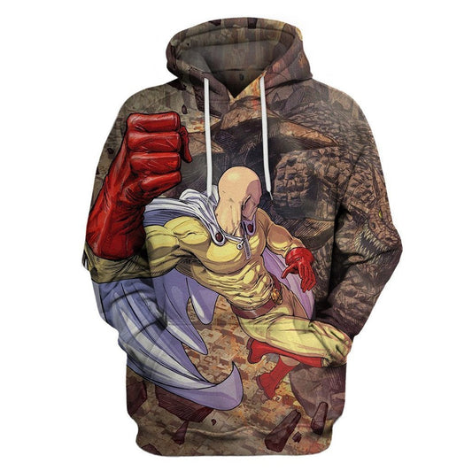 One Punch Man Hoodie Saitama Fights Monster Graphic Hoodie Brown Unisex - Cozy Hoodie For Cold Weather